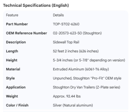 STOUGHTON TOP RAIL 52' 02-20573-623-50
