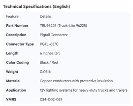 TRUCK LITE PIGTAIL PGTL-6370 CONN BLK/RED 6