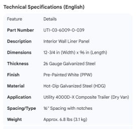 UTILITY 4000DX INTERIOR WALL PANEL 13" X 3/4