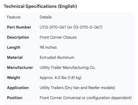 UTILITY ALUMINUM FRONT CORNER CLOSURE 98"