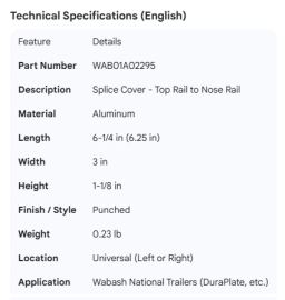 WABASH SPLICE COVER TOP RAIL TO NOSE RAIL
