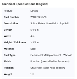 WABASH SPLICE PLATE NOSE RAIL TO TOP RAIL