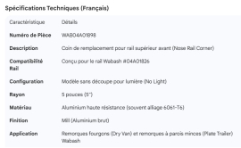 WABASH NOSE RAIL REPLACEMENT CORNER FOR 04A01826 NO LIGHT