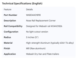 WABASH NOSE RAIL REPLACEMENT CORNER FOR 04A01826 NO LIGHT