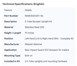 WABASH S-TUBES BUMPER SS UPRIGHT 19" LH & RH