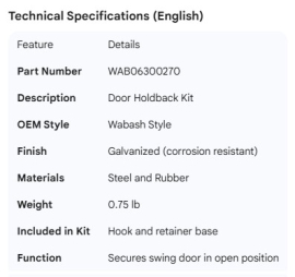 WABASH DOOR HOLDBACK KIT