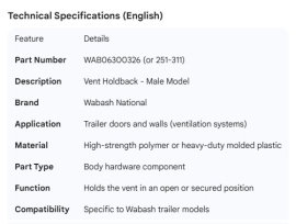 WABASH VENT HOLDBACK MALE 251-311