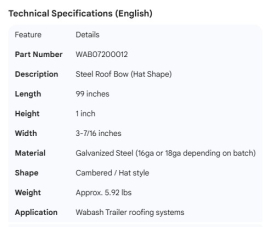 WABASH ROOF BOW STEEL 99" CAMBERED HAT