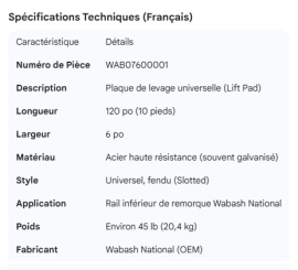 WABASH BOTTOM RAIL LIFT PAD UNIVERSAL 120"