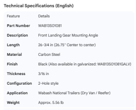 WABASH LANDING GEAR MOUNTING ANGLE FRONT 26-3/4"