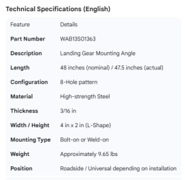 WABASH LANDING GEAR MOUNTING ANGLE WITH HOLES 48"