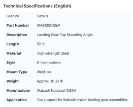WABASH LANDING GEAR MOUNTING ANGLE WITH HOLES 52"