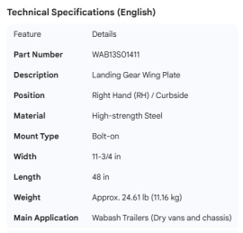 WABASH LANDING GEAR WING PLATE RH