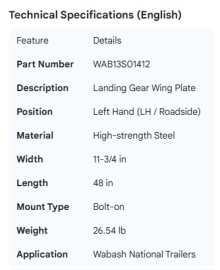 WABASH LANDING GEAR WING PLATE LH