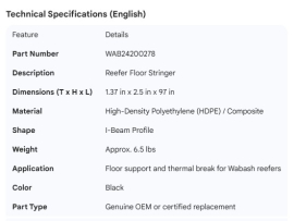 WABASH REEFER CROSSMEMBER STRINGER 1.37 X 2.5 X 97