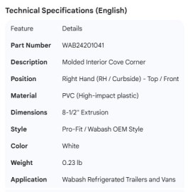 WABASH COVE TOP MOLDED INTERIOR CORNER RH