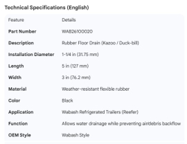 WABASH REEFER FLOOR DRAIN RUBBER KAZOO