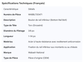 WABASH BOTTOM RAIL 3/8 X 1-1/4" TORX BOLT