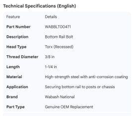 WABASH BOTTOM RAIL 3/8 X 1-1/4" TORX BOLT