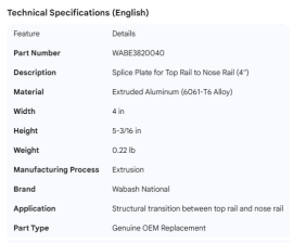 WABASH SPLICE PLATE FOR TOP RAIL TO NOSE RAIL 4"