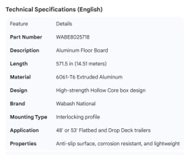 WABASH ALUMINUM FLOOR BOARD 571.5"