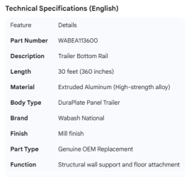WABASH BOTTOM RAIL DURAPLATE 30'