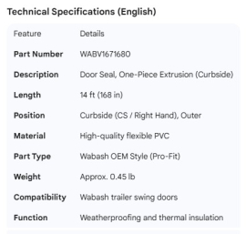 WABASH DOOR SEAL ONE PIECE EXTRUSION CURB SIDE 14FT
