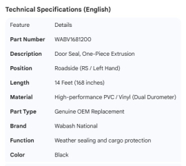 WABASH DOOR SEAL ONE PIECE EXTRUSION ROAD SIDE 14FT