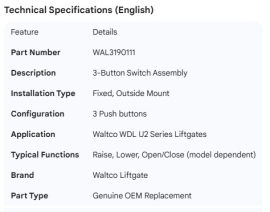 WALTCO SWITCH ASSEMBLY 3 BUTTON WDL U2