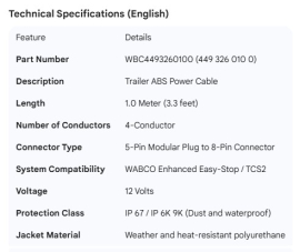 WABCO POWER CABLE 1M - 3'