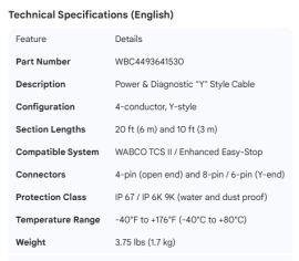 WABCO POWER/DIAGNOSTIC CABLE 20FT & 10FT