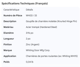 WHITING ROLL-UP DOOR KNURLED HINGE PIN