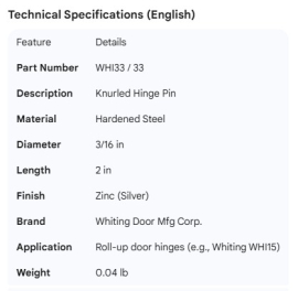 WHITING ROLL-UP DOOR KNURLED HINGE PIN