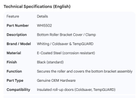 WHITING COLDSAVER ROLL-UP DOOR BOTTOM HINGE TOP COVER