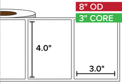 Rectangular Labels, High Gloss White 4"x3", 3" Core, 8" Diam