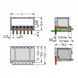 WAGO | 2091-1422 | THT MALE HEADER; 1.0 MM Ø SOLDER PIN; ANG