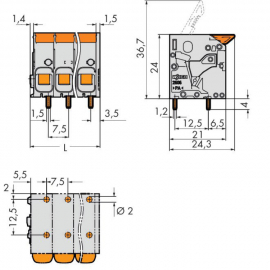 WAGO | 2606-1102 | PCB TERMINAL BLOCK; LEVER; 6 MM²; PIN SPA