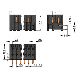 WAGO | 713-1425 | THT MALE HEADER, 2-ROW; 0.8 X 0.8 MM SOLDE