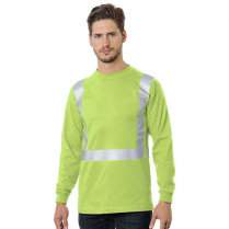 Custom Bayside Hi-Vis 50/50 Long Sleeve Pocket Crew Tee Solid Striping