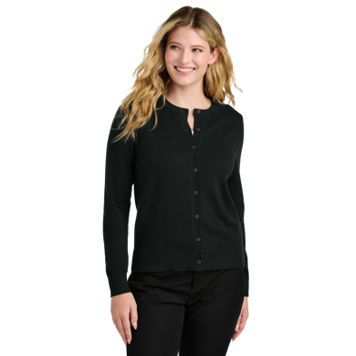 Port Authority Women's Easy Care Crewneck Cardigan Sweater - On Model - Deep Black - Front