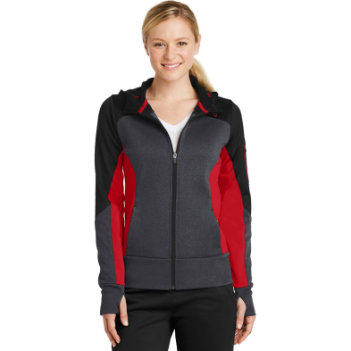 Sport-Tek Ladies' Tech Fleece Colorblock Full-Zip Hooded Jacket - On Model - Black-Graphite Heather-Red - Front