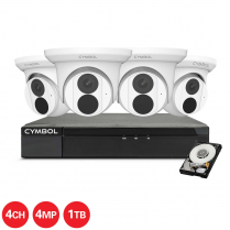 Cymbol kit de 4 canaux IP avec 4 caméras tourelles blanches et de 4 MP, 1 NVR à 4 canaux et 1 disque dur de 1 TB