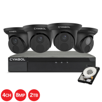 Cymbol kit de 4 canaux IP avec 4 caméras tourelles noires et de 8 MP, 1 NVR à 4 canaux et 1 disque dur de 2 TB