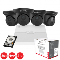 Cymbol kit de 8 canaux IP avec 4 caméras tourelles noires de 4 MP, 1 NVR Lite à 8 canaux et 1 disque dur de 2 To