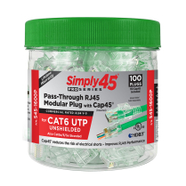 Simply45® ProSeries Cat6 Unshielded Pass-Through RJ45 Modular Plugs with Cap45® 100 pc/Jar – Green Tint