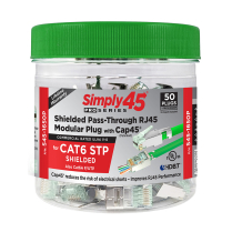 Simply45® fiches modulaires RJ45 à passage de terre externe blindée ProSeries Cat6 avec Cap45® – 50 pièces/pot - teinte verte