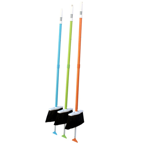 SweepEasy® Broom with retractable scraper, shown in blue, green, and orange color options, perfect for commercial cleaning.