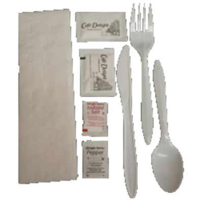 Food service kit. Plastic fork, knife, spoon along with a salt and pepper packetwith a napkin to the left of the items.