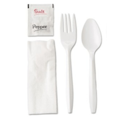Food service kit, includes salt/pepper packet, napkin, plastic fork and spoon