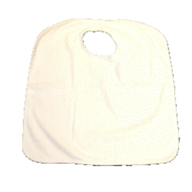 A white bib with a velcro closure at the neck.